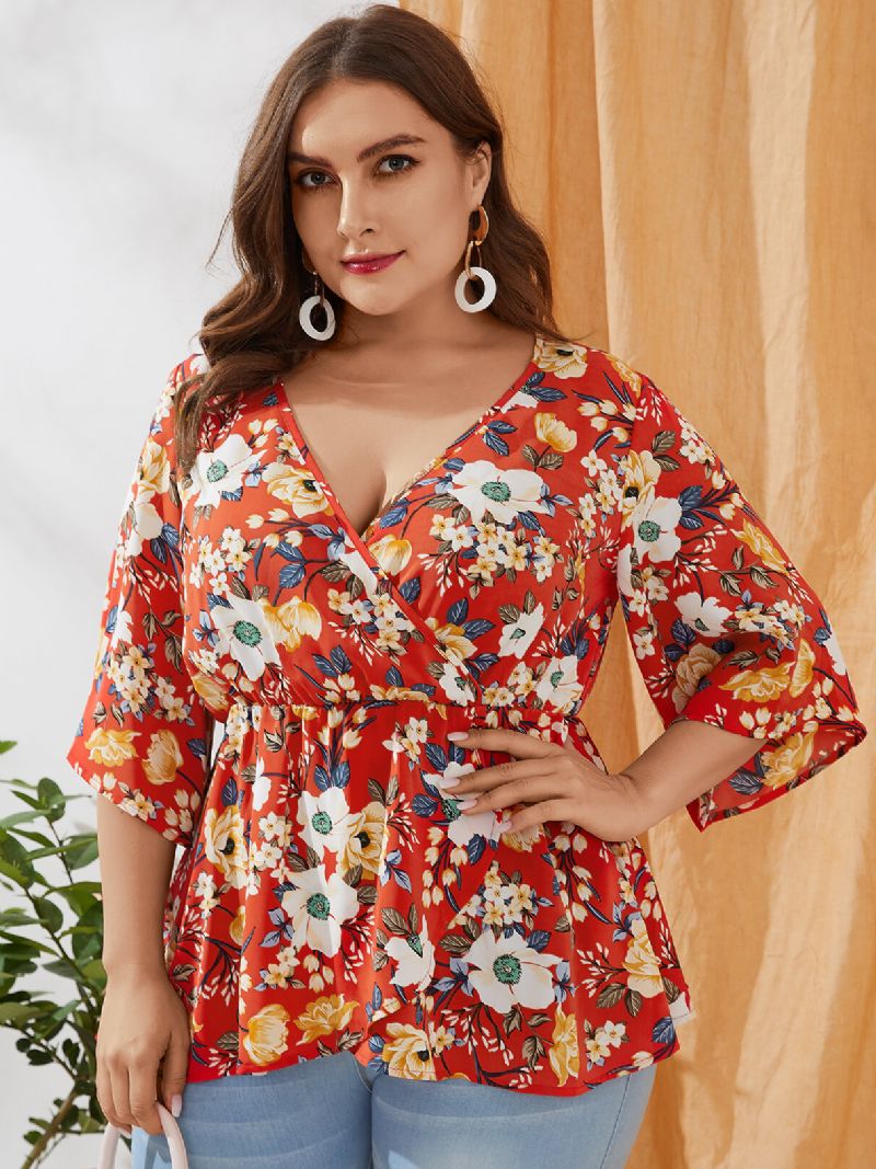 Plus Size Rød Wrap Design Random Floral Print V-hals Bluse