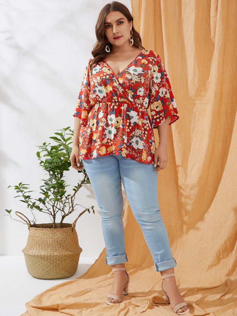 Plus Size Rød Wrap Design Random Floral Print V-hals Bluse