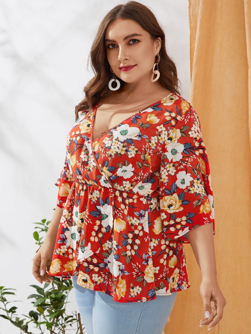 Plus Size Rød Wrap Design Random Floral Print V-hals Bluse