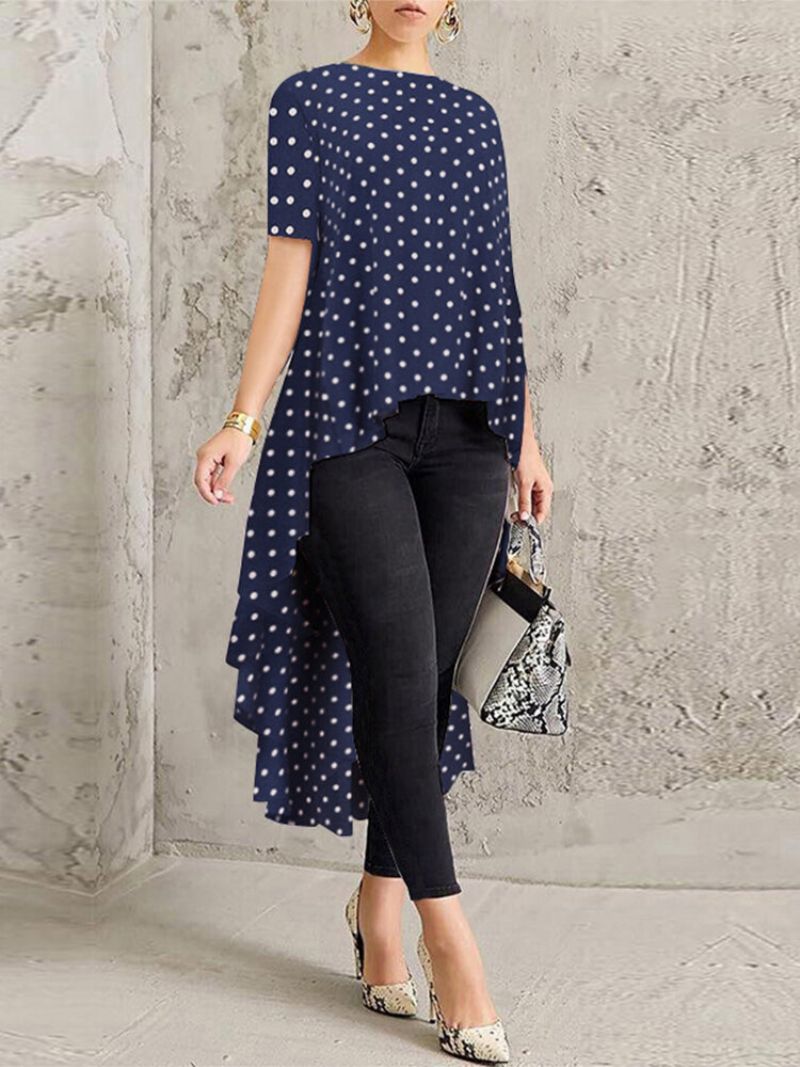 Polka Dot Print High Low Kortermet Plus Size Bluse