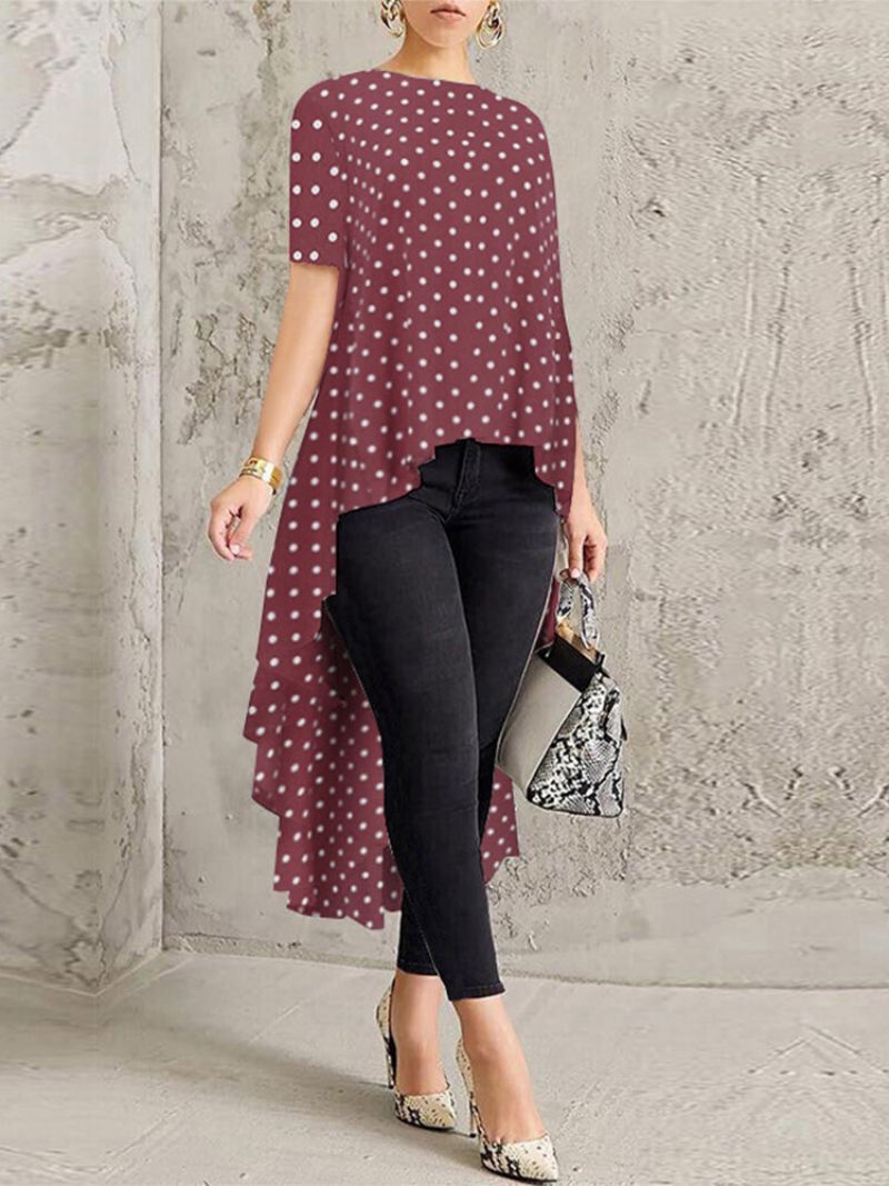 Polka Dot Print High Low Kortermet Plus Size Bluse