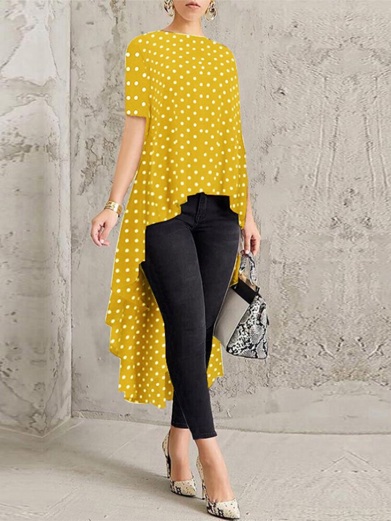 Polka Dot Print High Low Kortermet Plus Size Bluse