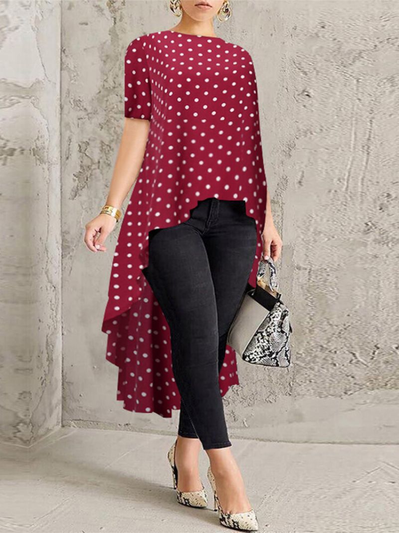 Polka Dot Print High Low Kortermet Plus Size Bluse