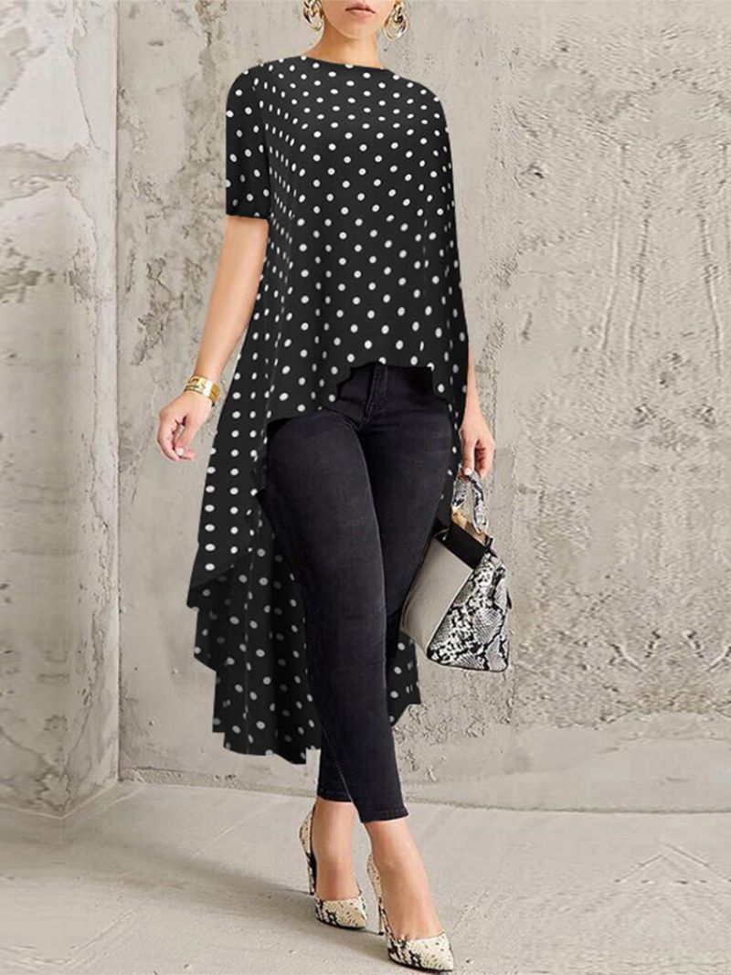 Polka Dot Print High Low Kortermet Plus Size Bluse