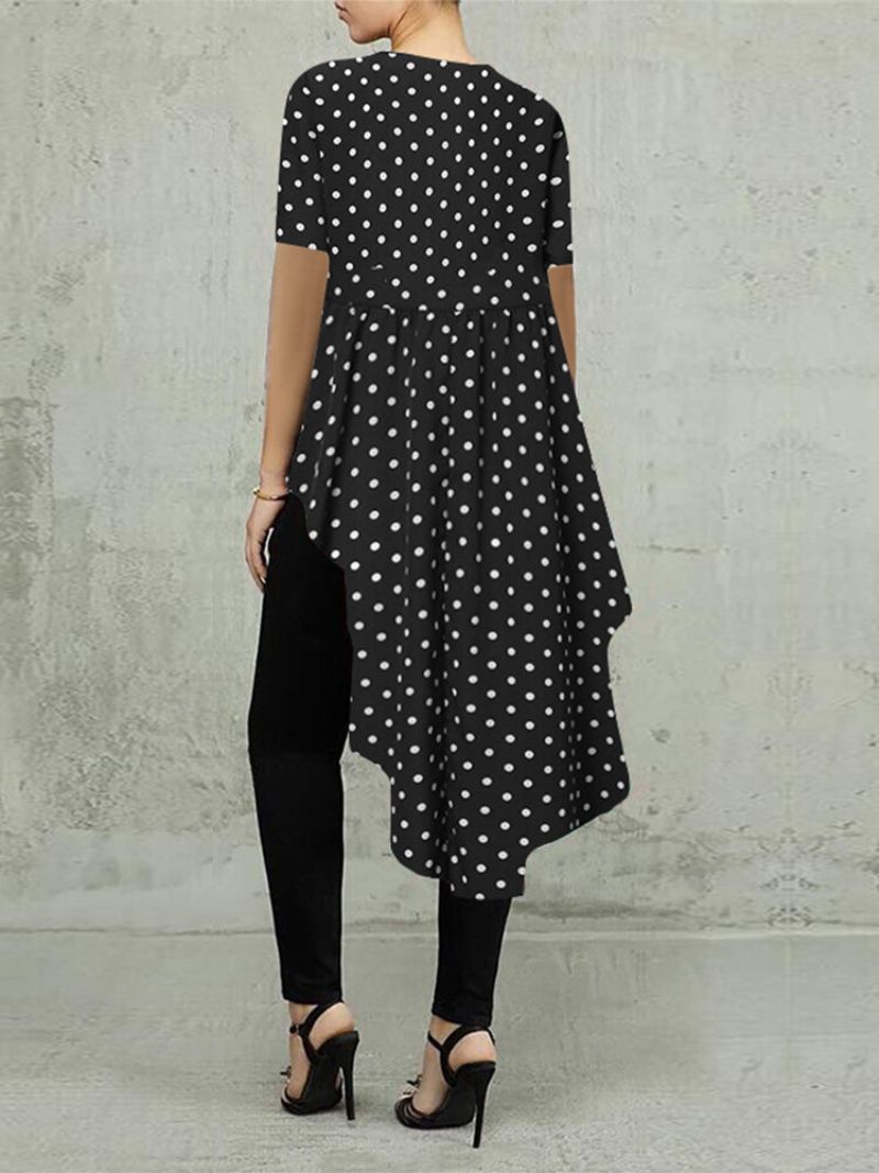 Polka Dot Print High Low Kortermet Plus Size Bluse