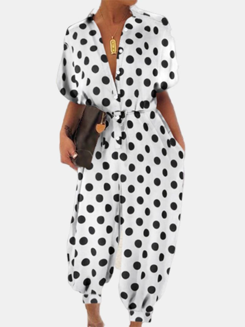 Polka Dot Print V-hals Snøring Kortermet Plus Size Jumpsuit