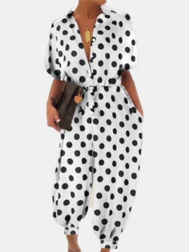 Polka Dot Print V-hals Snøring Kortermet Plus Size Jumpsuit