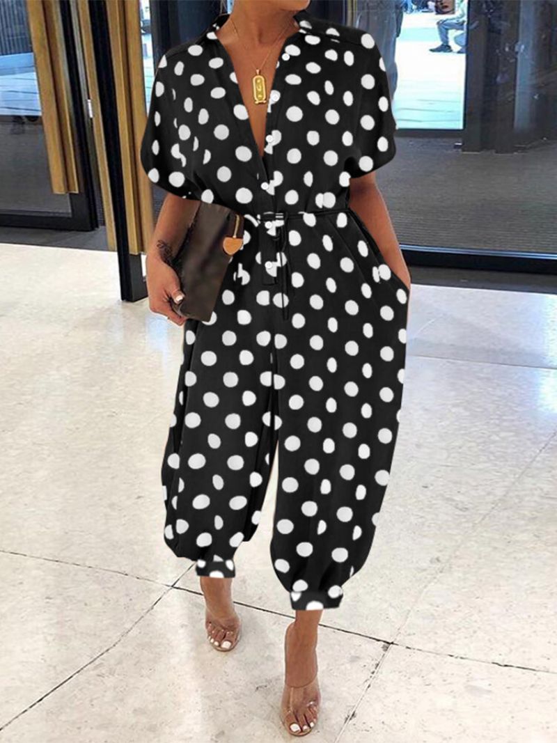 Polka Dot Print V-hals Snøring Kortermet Plus Size Jumpsuit