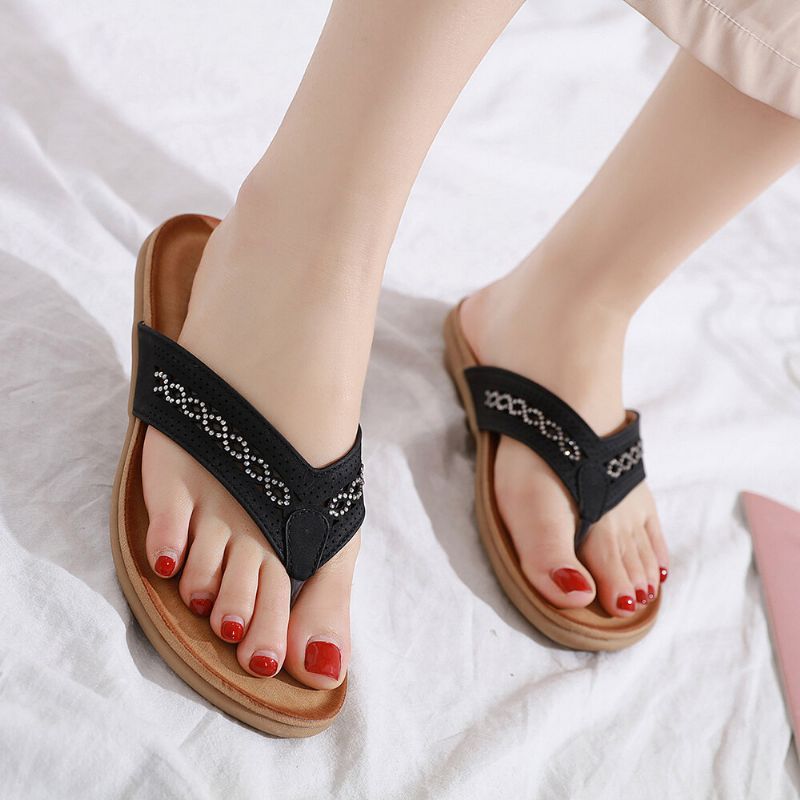 Rhinestone Clip Toe Holiday Hollow Out Flip Flops Strandtøfler