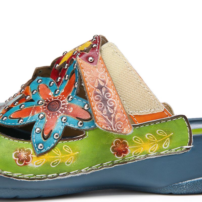 Socofy Håndlagde Lærpiggede Blomster-slip-on Flate Lysbilder Mules Clogs Sandaler