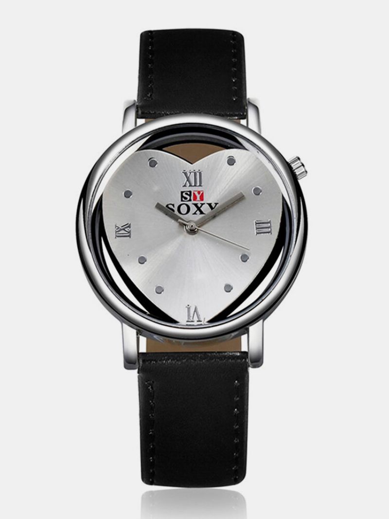 Soxy Dameklokke Hollow Alloy Heart Leather Simple Watch