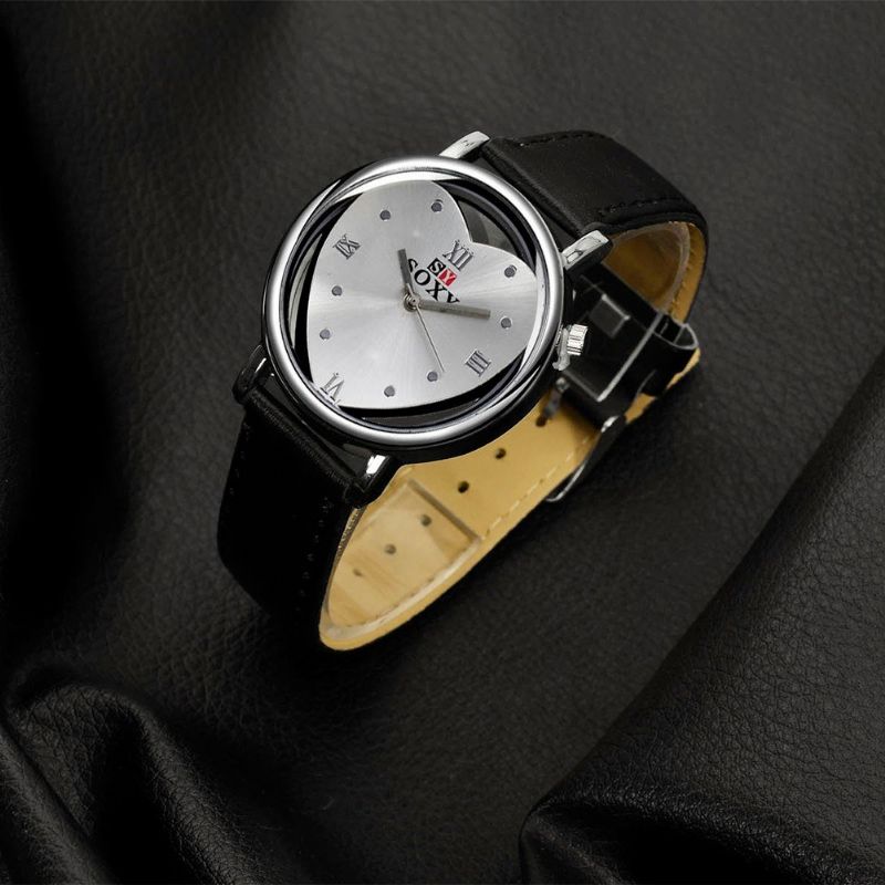 Soxy Dameklokke Hollow Alloy Heart Leather Simple Watch