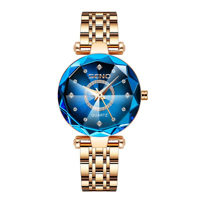 Starry Diamond Face Bright Polygonal Glass Solid Rustfritt Stål Stropp Kvinners Vanntett Watch