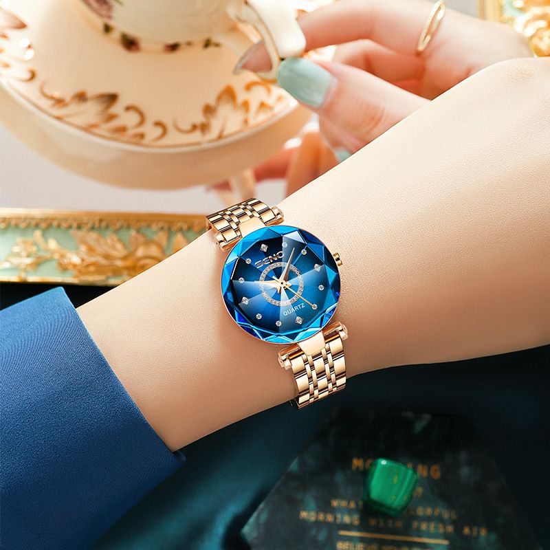 Starry Diamond Face Bright Polygonal Glass Solid Rustfritt Stål Stropp Kvinners Vanntett Watch