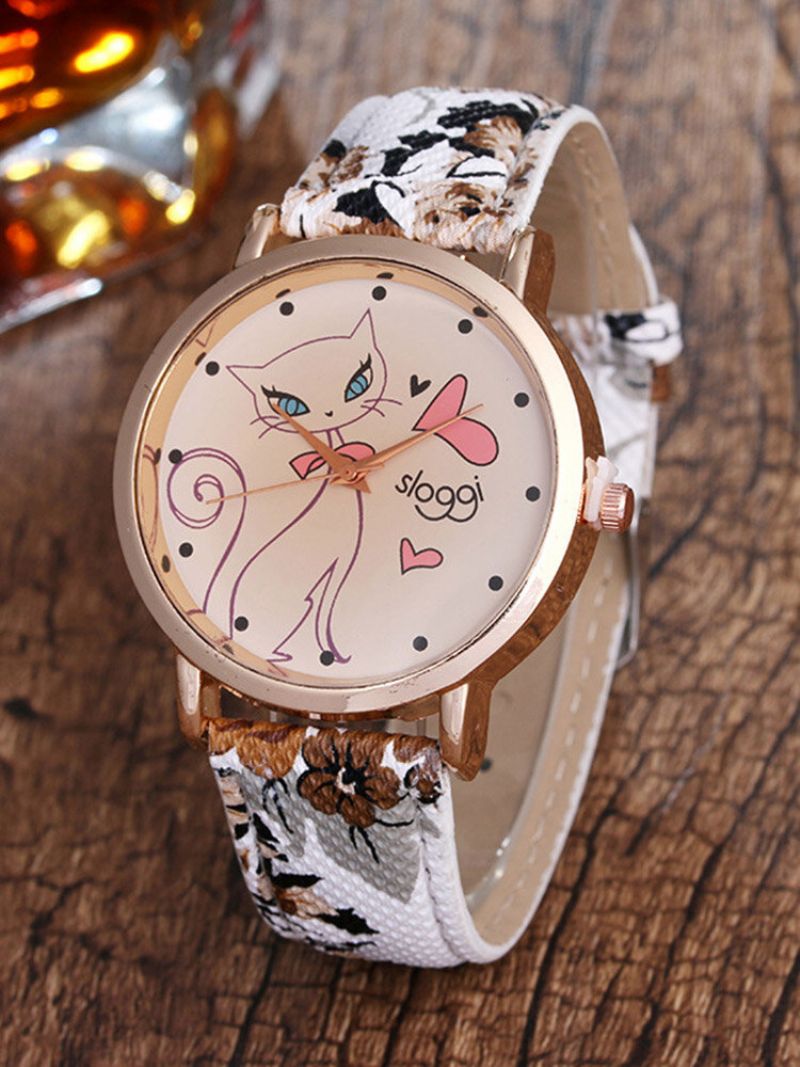 Trendy Cat Flower Pu-skinnarmbånd Retro Quartz Dame-remklokker For Henne