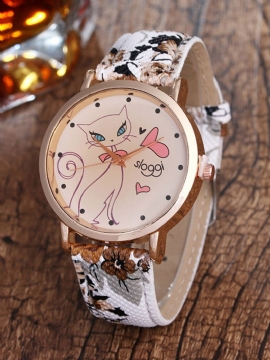 Trendy Cat Flower Pu-skinnarmbånd Retro Quartz Dame-remklokker For Henne