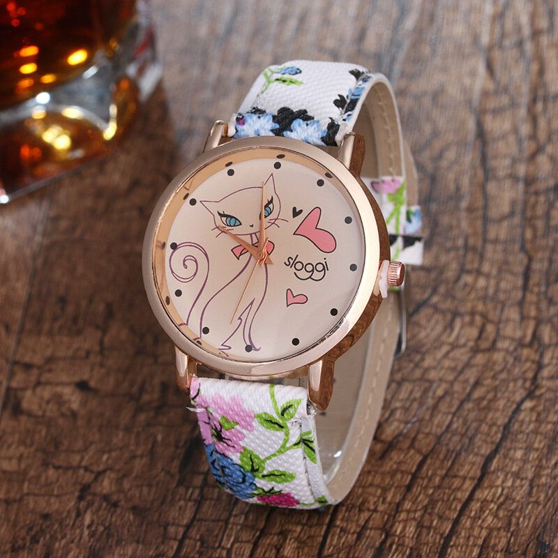 Trendy Cat Flower Pu-skinnarmbånd Retro Quartz Dame-remklokker For Henne