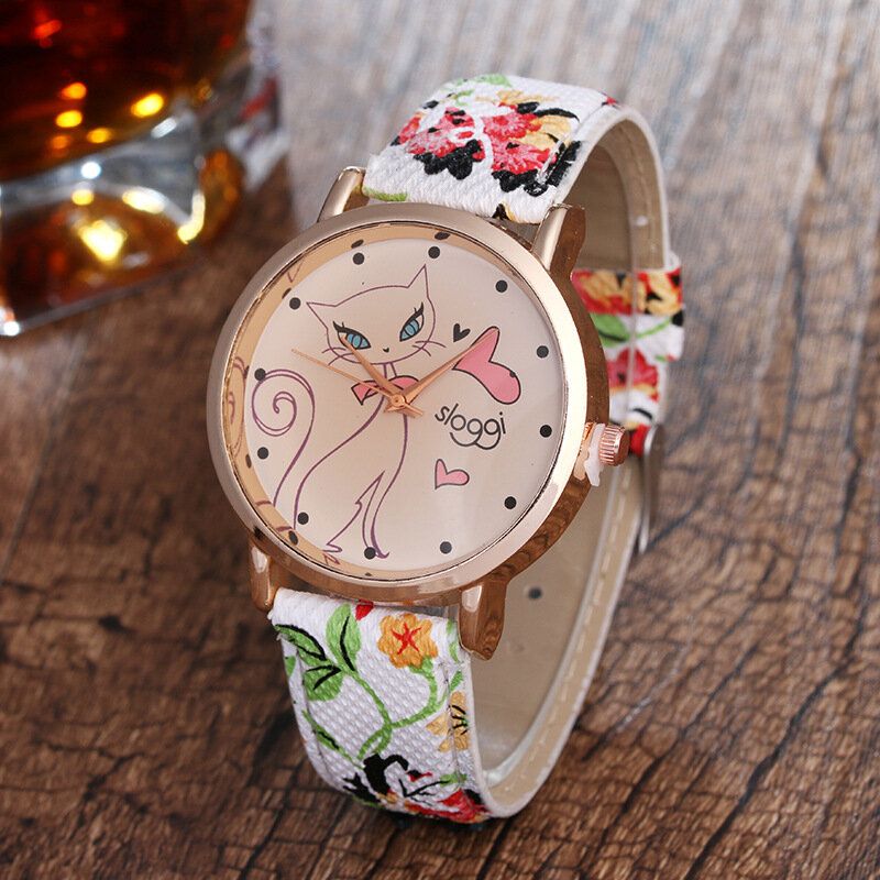 Trendy Cat Flower Pu-skinnarmbånd Retro Quartz Dame-remklokker For Henne