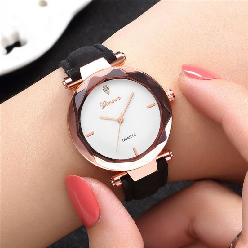 Trendy Kvarts Klokker Lærreim Lady Fashion Rose Gold Dial For Kvinner