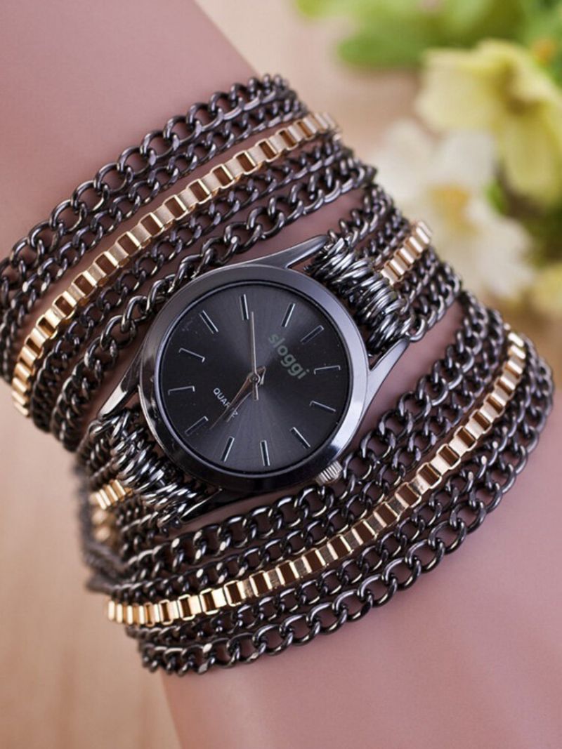 Trendy Mental Winding Chain Watch Gulllegering Armbånd Quartz For Women Midjeklokke