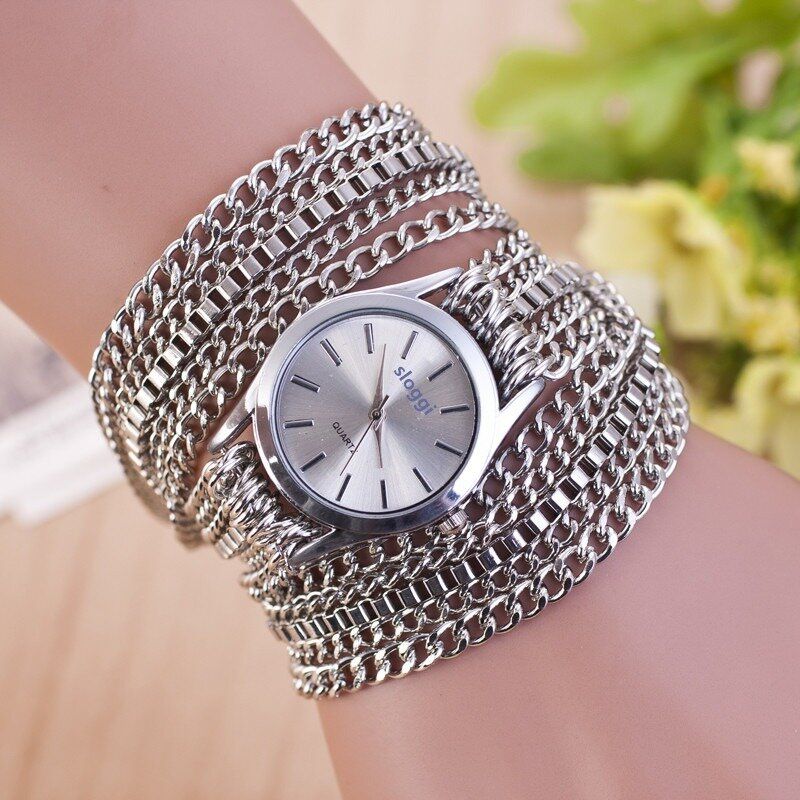 Trendy Mental Winding Chain Watch Gulllegering Armbånd Quartz For Women Midjeklokke