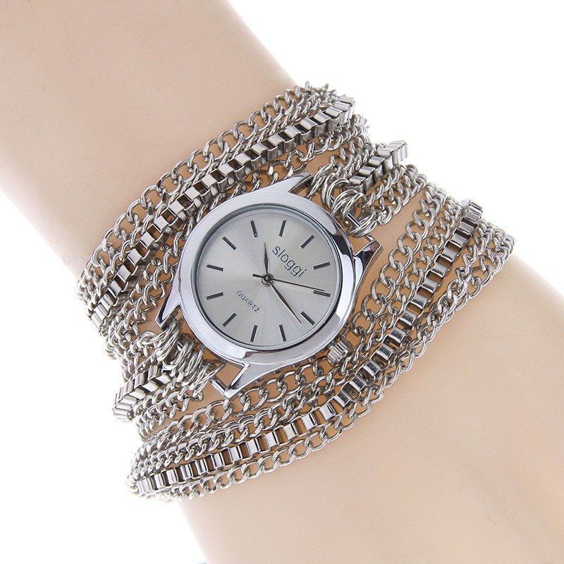 Trendy Mental Winding Chain Watch Gulllegering Armbånd Quartz For Women Midjeklokke