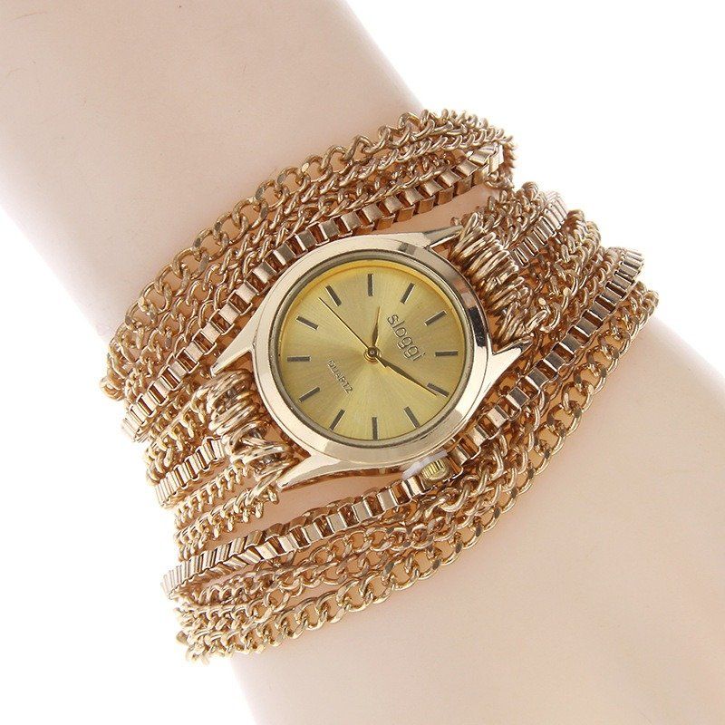 Trendy Mental Winding Chain Watch Gulllegering Armbånd Quartz For Women Midjeklokke