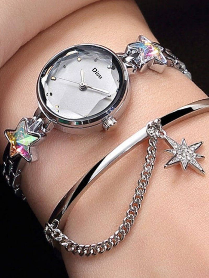 Trendy Quartz Armbåndsur Lucky Star Pendant Rustfritt Stål Klokke Rund Glass Cutting Dial Watch