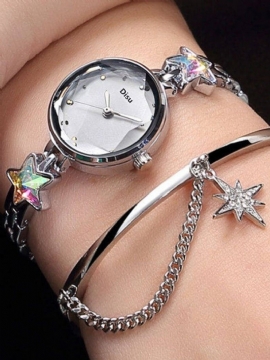 Trendy Quartz Armbåndsur Lucky Star Pendant Rustfritt Stål Klokke Rund Glass Cutting Dial Watch