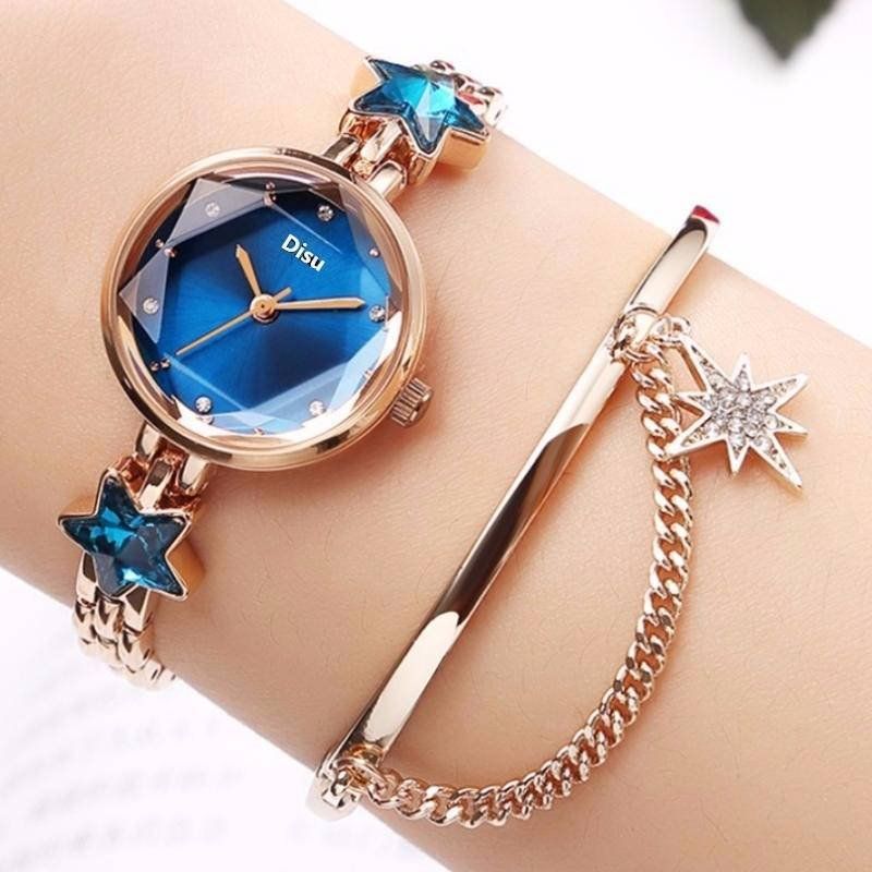 Trendy Quartz Armbåndsur Lucky Star Pendant Rustfritt Stål Klokke Rund Glass Cutting Dial Watch