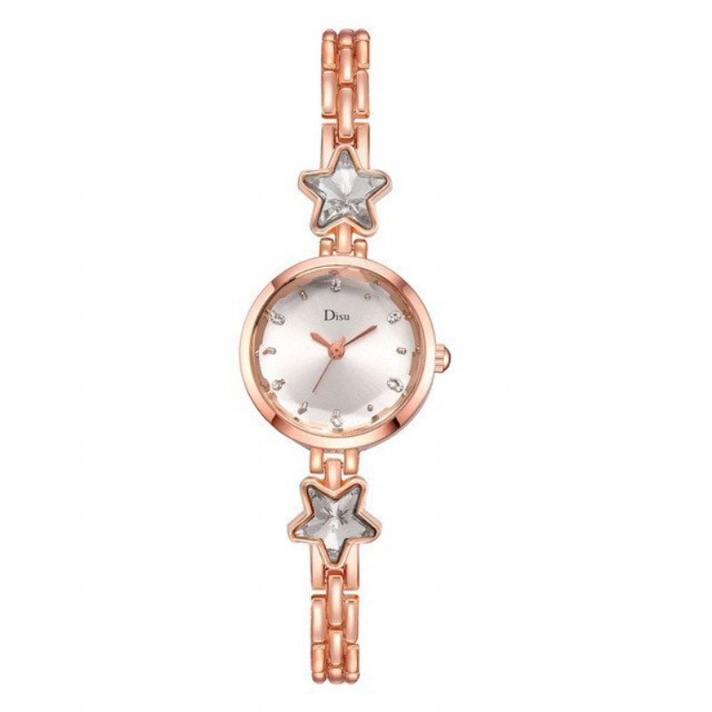 Trendy Quartz Armbåndsur Lucky Star Pendant Rustfritt Stål Klokke Rund Glass Cutting Dial Watch