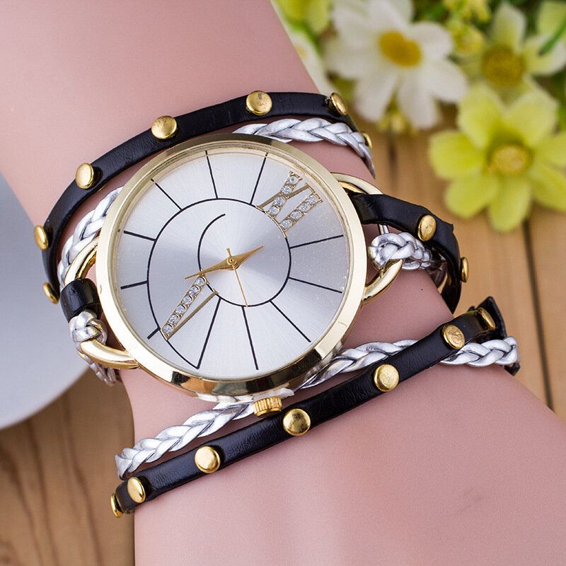 Trendy Rivet Butterfly Winding Watch Three Circle Leather Quartz For Women