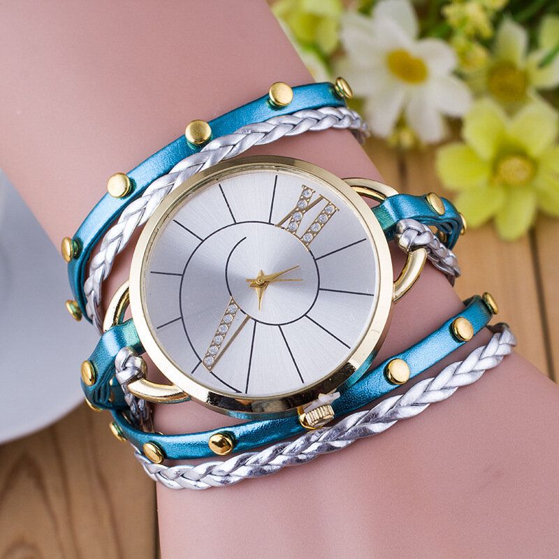 Trendy Rivet Butterfly Winding Watch Three Circle Leather Quartz For Women