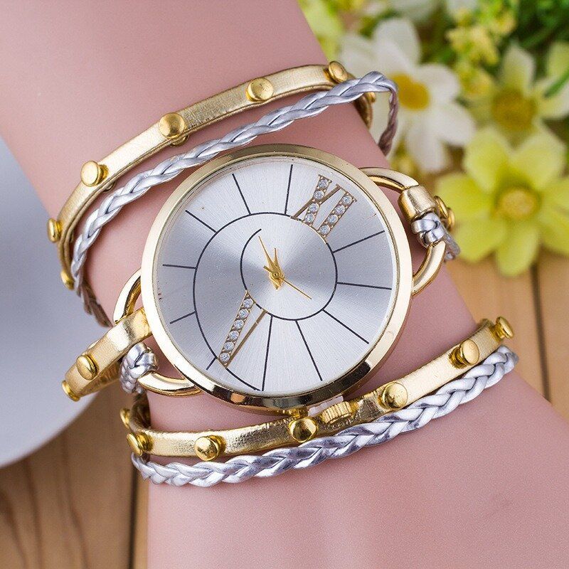 Trendy Rivet Butterfly Winding Watch Three Circle Leather Quartz For Women