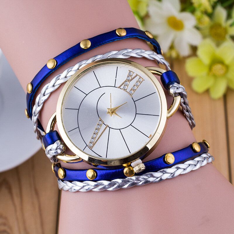 Trendy Rivet Butterfly Winding Watch Three Circle Leather Quartz For Women