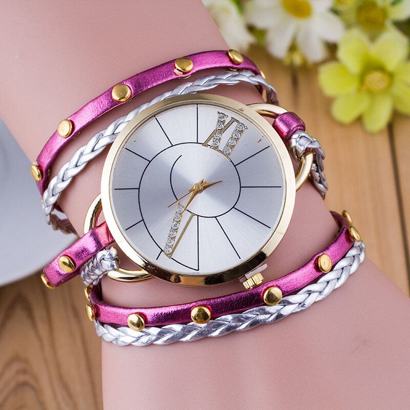 Trendy Rivet Butterfly Winding Watch Three Circle Leather Quartz For Women