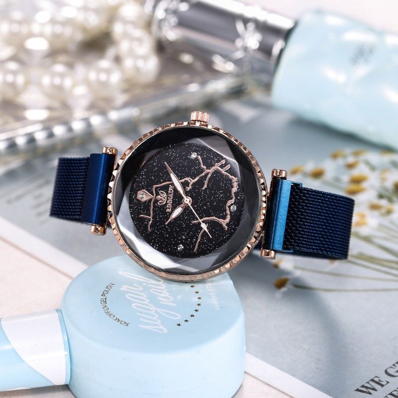 Trendy Starry Sky Quartz Watch Rustfritt Stål Magnet Dame Waterproof