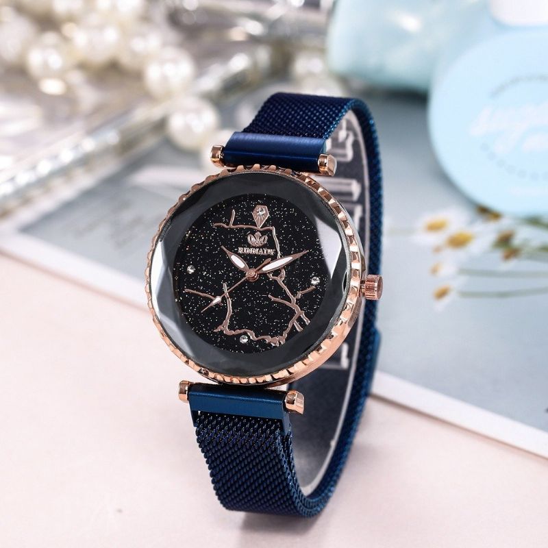 Trendy Starry Sky Quartz Watch Rustfritt Stål Magnet Dame Waterproof