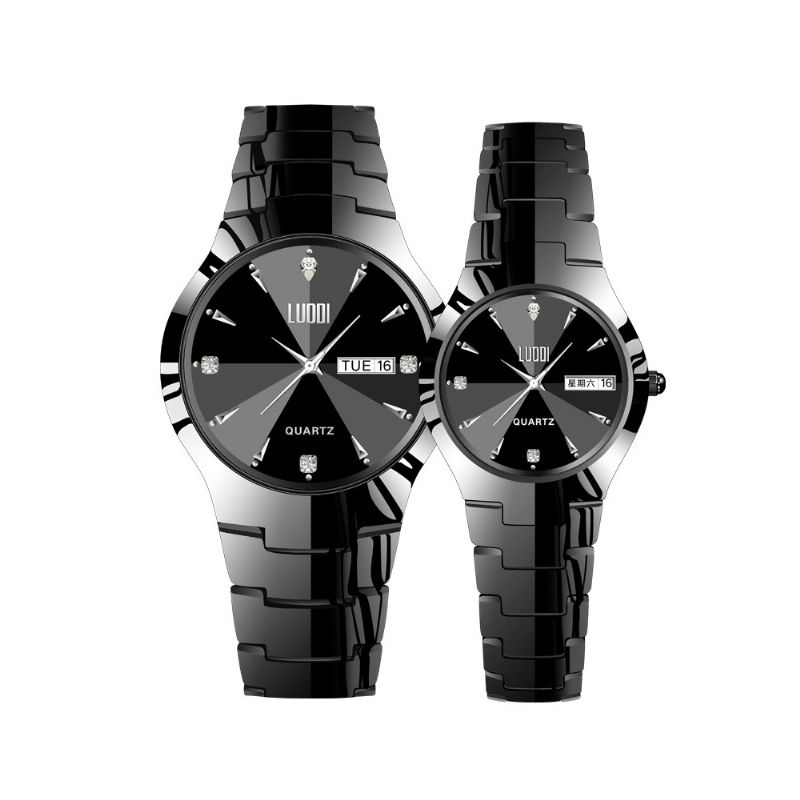 Tungsten Steel Watch For Men Mote Cool Black Quartz Movement Vanntett 3d Case Armbåndsur Stilige Parklokker