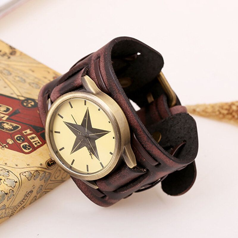 Vintage Cow Leather Armbånd Watch Justerbar Nagle Multi-layer Unisex Quartz