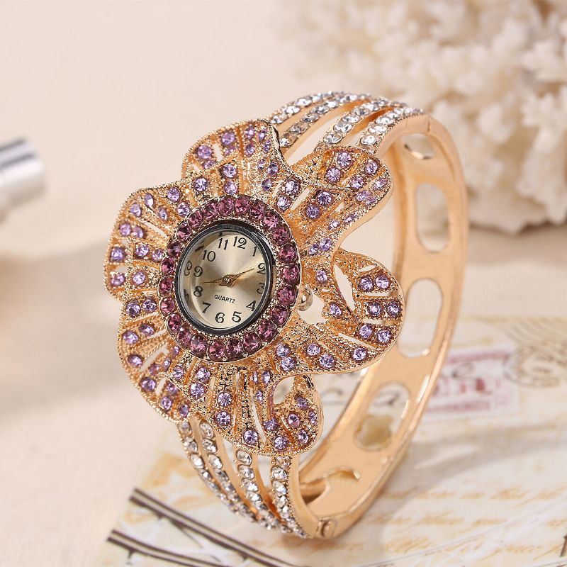 Vintage Geometrisk Stor Flower Disc Armbånd Watch Personlighet Rhinestone Quartz Armbåndsur