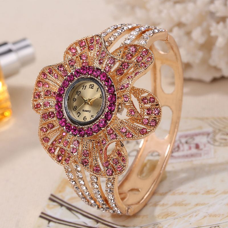 Vintage Geometrisk Stor Flower Disc Armbånd Watch Personlighet Rhinestone Quartz Armbåndsur