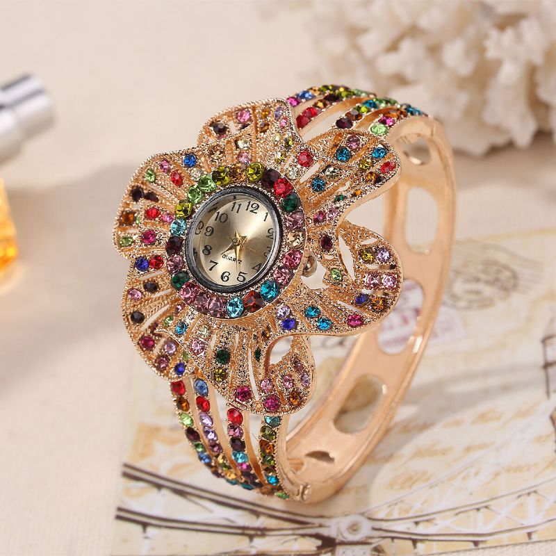 Vintage Geometrisk Stor Flower Disc Armbånd Watch Personlighet Rhinestone Quartz Armbåndsur