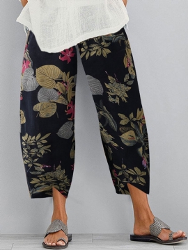 Vintage Print Elastisk Midje Casual Bukser For Kvinner