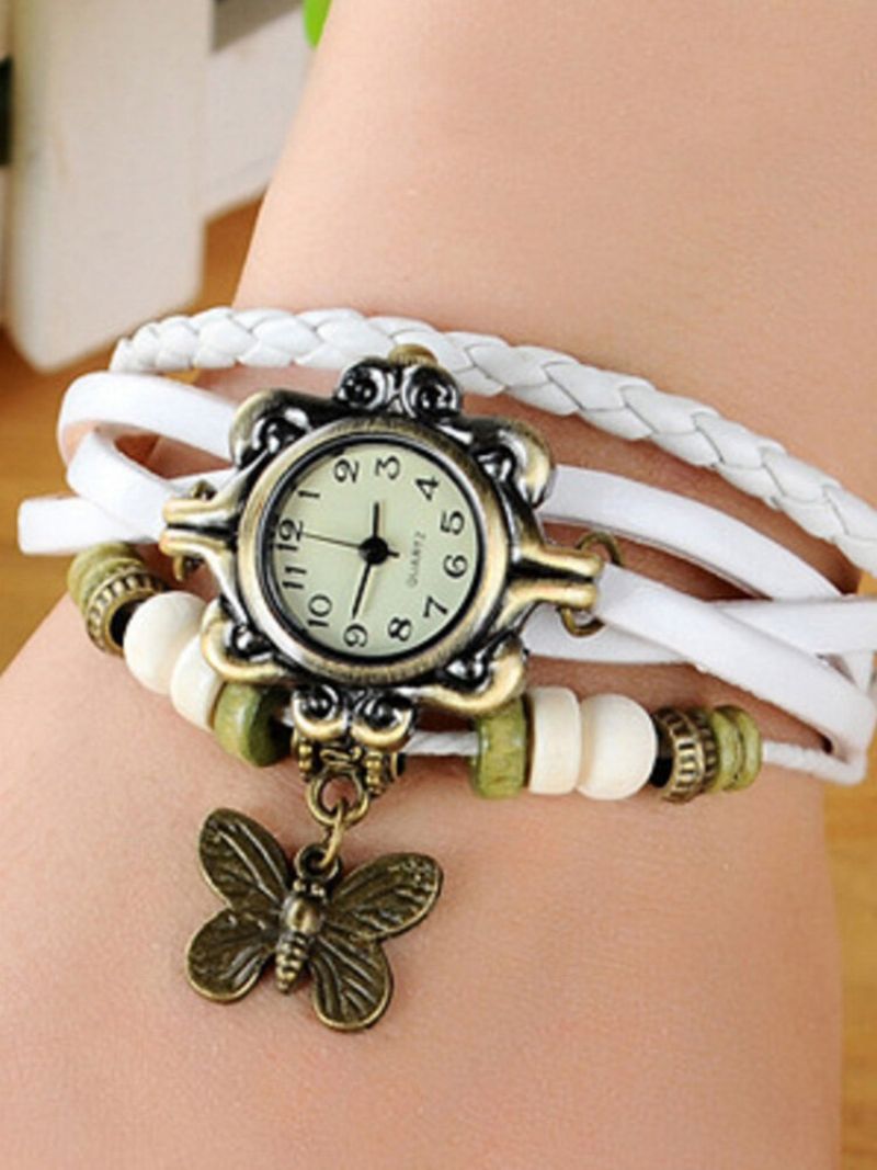 Vintage Quartz Armbåndsur Butterfly Pendant Beaded Leather Multilayer Watch Etniske Smykker For Kvinner