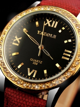 Yazole Dameklokker Diamond Gold Watches Luxury Quartz Leather Clock For Women