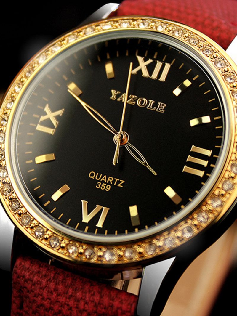 Yazole Dameklokker Diamond Gold Watches Luxury Quartz Leather Clock For Women