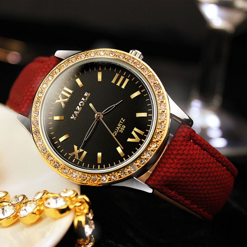 Yazole Dameklokker Diamond Gold Watches Luxury Quartz Leather Clock For Women