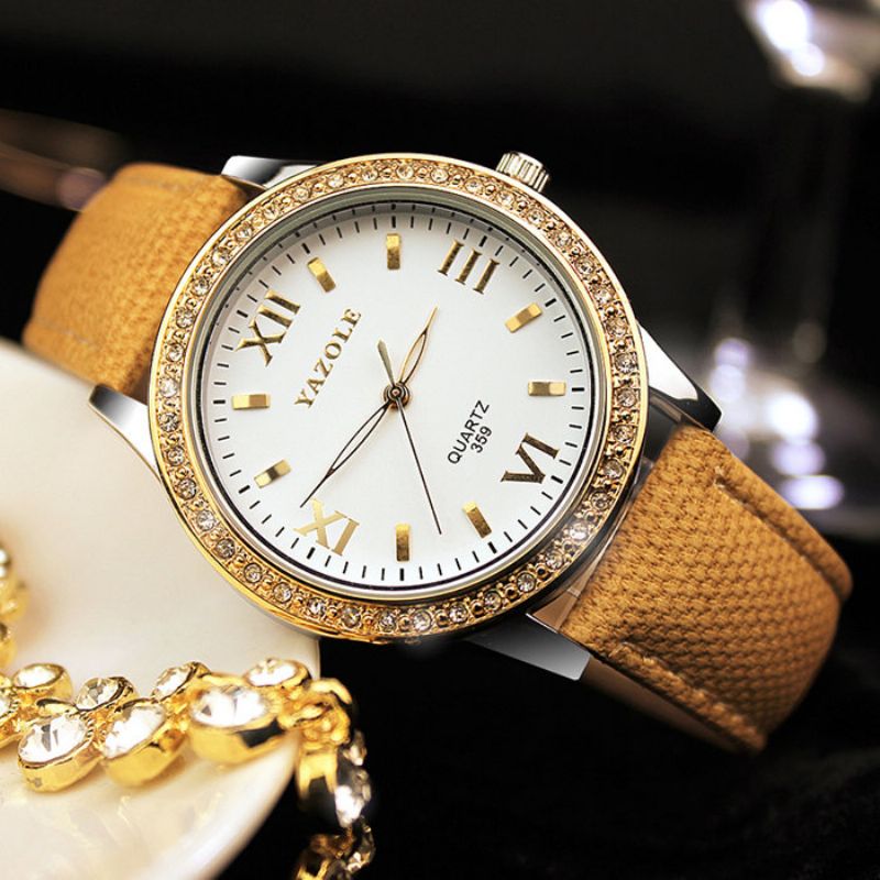 Yazole Dameklokker Diamond Gold Watches Luxury Quartz Leather Clock For Women