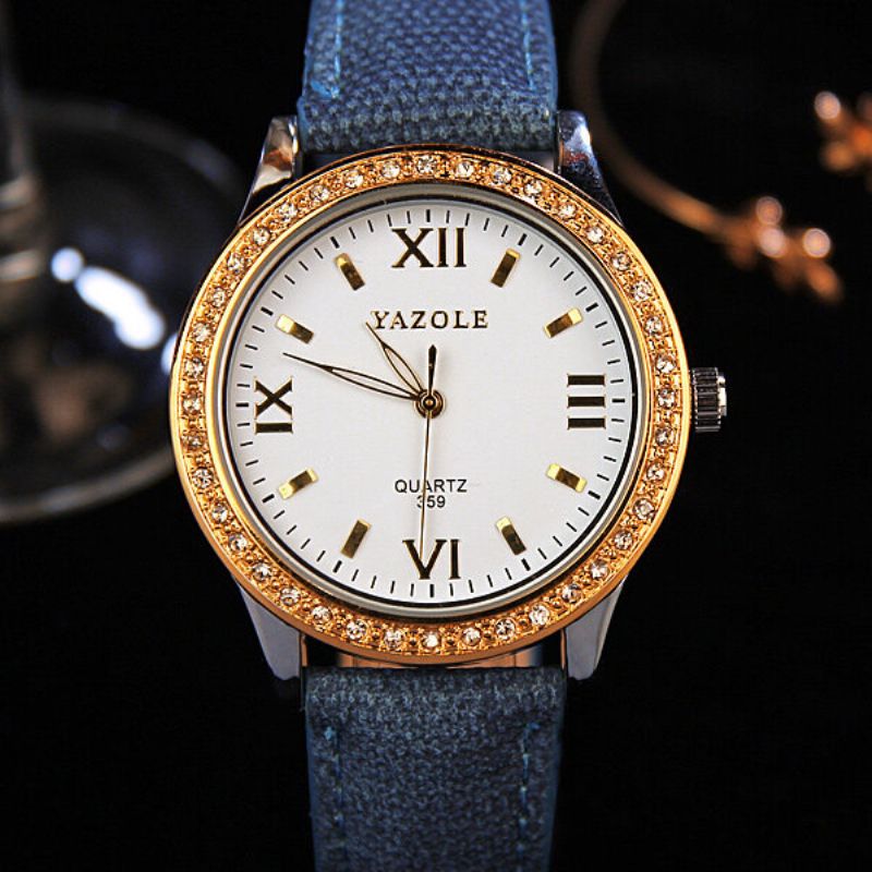 Yazole Dameklokker Diamond Gold Watches Luxury Quartz Leather Clock For Women